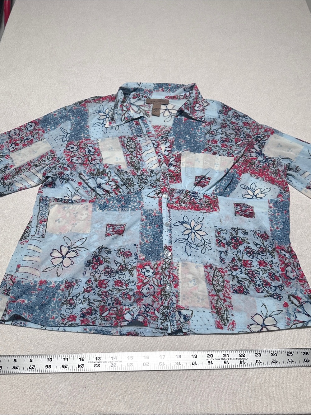 XL 3/4 sleeve Sheer Light Blue Floral Patchwork Button-Down Shirt